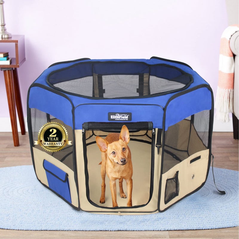EliteField 2-Door Soft Pet Playpen (2 Year Warranty), Exercise Pen, Multiple Sizes and Colors Available for Dogs, Cats and Other Pets (30" x 30" x 20"H, Royal Blue+Beige) - Image 2